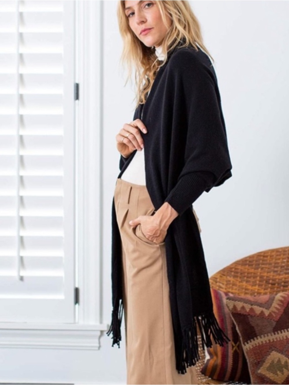 Mersea Black Merino Wool cashmere Aspen fringe Wrap One Size